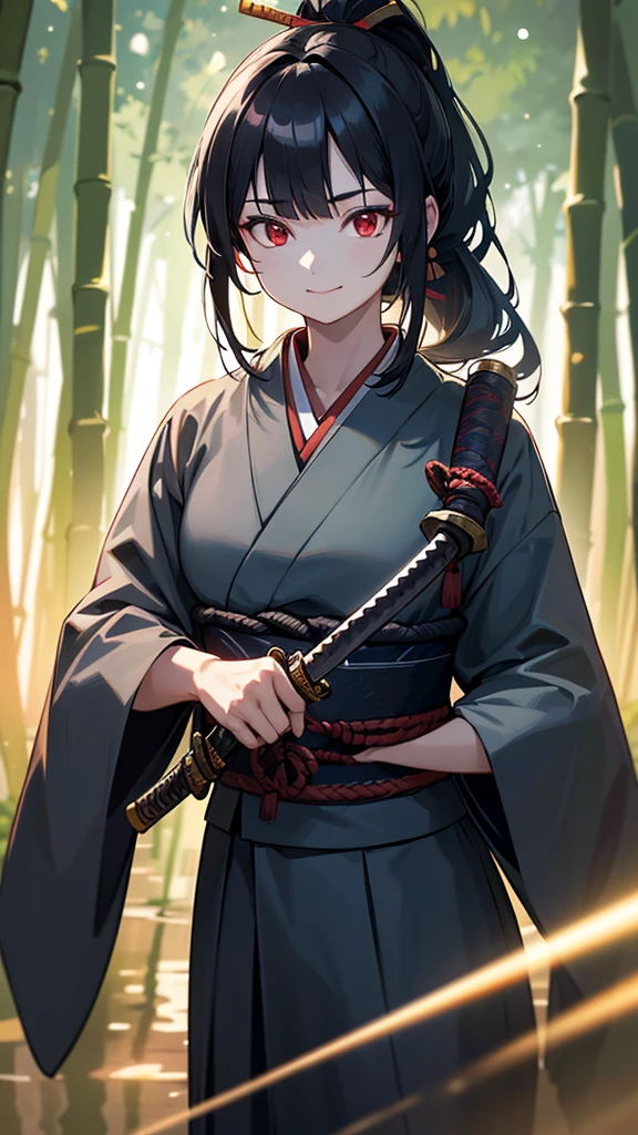 samurai, unshaved, black hair tied up, holding a japanese sword, smiling, red eyes, bamboo forest, cool atmosphere, japanese sword is shining, rays of light, best quality, 4k, 8k, highres, masterpiece:1.2, ultra-detailed, realistic, photorealistic:1.37, HDR, UHD, studio lighting, ultra-fine painting, sharp focus, physically-based rendering, extreme detail description, professional, vivid colors, bokeh