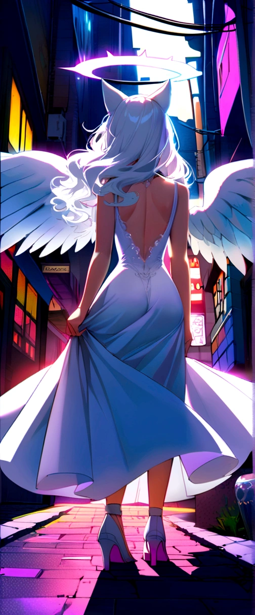Long wavy hair that reaches the knees,White hair is very attractive, Detailed and precise manual work, Attractive girl, White cat ears,Eyes glowing purple,White eyelashes,Big shiny angel wings,Shining halo behind the wings, White Dress, Light that makes the subject stand out, Colorful neon street,dark,night,dark,Smoke surrounds the body,Back Alley,Future,