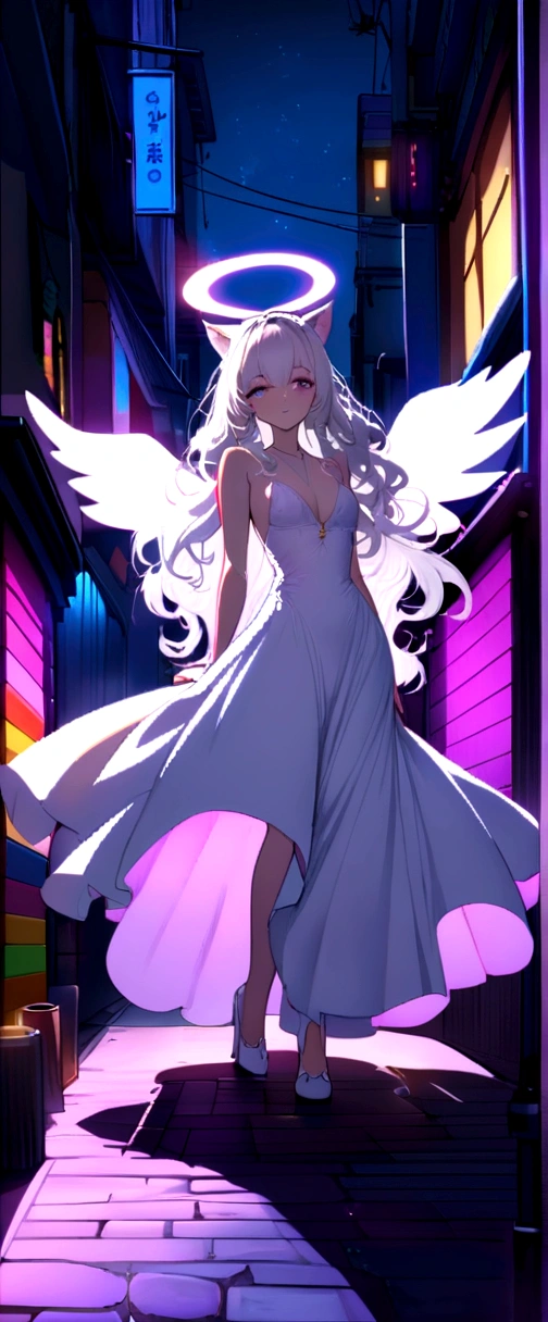 Long wavy hair that reaches the knees,White hair is very attractive, Detailed and precise manual work, Attractive girl, White cat ears,Eyes glowing purple,White eyelashes,Big shiny angel wings,Shining halo behind the wings, White Dress, Light that makes the subject stand out, Colorful neon street,dark,night,dark,Smoke surrounds the body,Back Alley,Future,