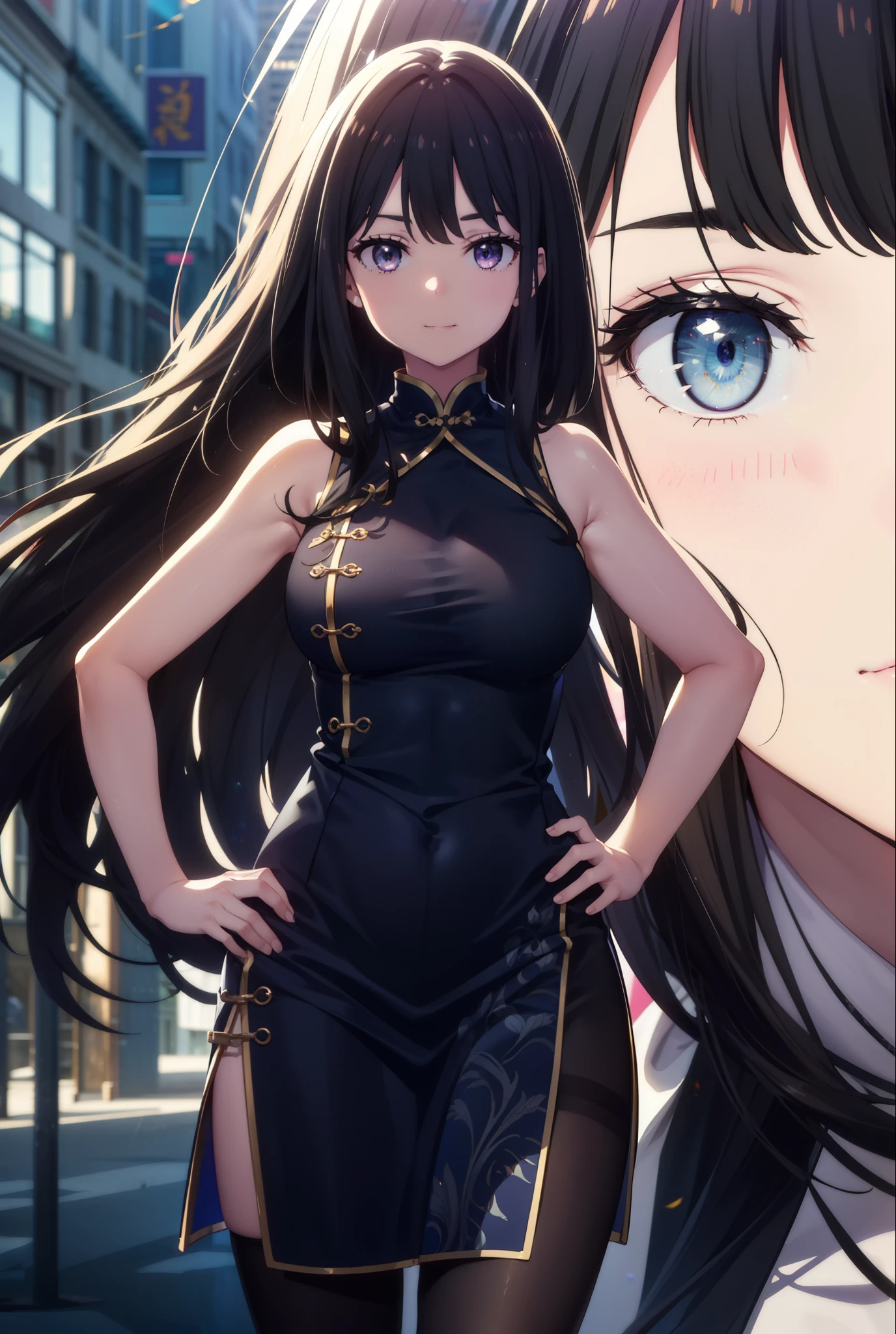Takiuchi, Check it out, Long Hair, bangs, Black Hair, (Purple eyes:1.2),happy smile, smile, Close your mouth,Bossy,
Sleeveless blue Chinese dress,Blue long slit,Black pantyhose,Stiletto heels,whole bodyがイラストに入るように,Place your hands on your hips,
break outdoors,Building district,
break looking at viewer, whole body,
break (masterpiece:1.2), Highest quality, High resolution, unity 8k wallpaper, (shape:0.8), (Fine and beautiful eyes:1.6), Highly detailed face, Perfect lighting, Highly detailed CG, (Perfect hands, Perfect Anatomy),
break outdoors, city,
break looking at viewer, (Cowboy Shot:1.5),
break (masterpiece:1.2), Highest quality, High resolution, unity 8k wallpaper, (figure:0.8), (Beautiful attention to detail:1.6), Highly detailed face, Perfect lighting, Highly detailed CG, (Perfect hands, Perfect Anatomy),
