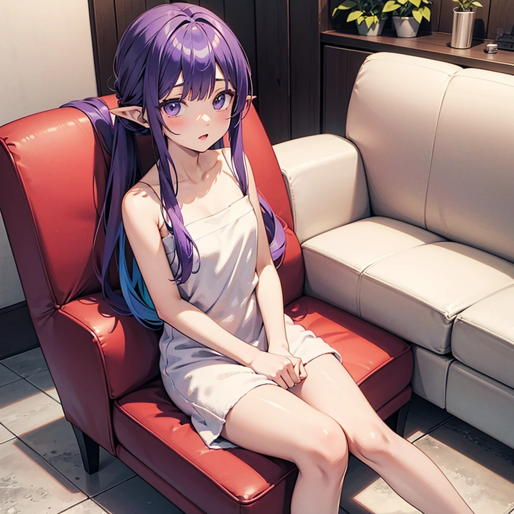 anime girl long purple hair Wrapped in a bath towel. she has pointy ears. Manga kawaii. iridescent ,An illustration, 0ne person, Sitting in a sofa