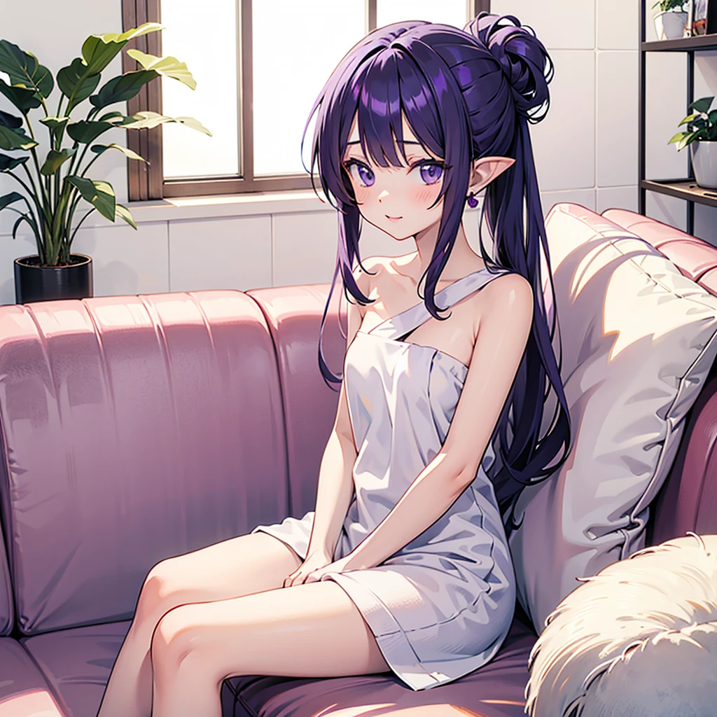 anime girl long purple hair Wrapped in a bath towel. she has pointy ears. Manga kawaii. iridescent ,An illustration, 0ne person, Sitting in a sofa