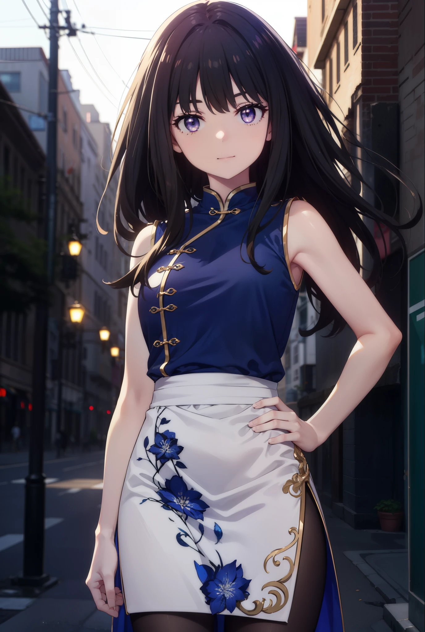Takiuchi, Check it out, Long Hair, bangs, Black Hair, (Purple eyes:1.2),happy smile, smile, Close your mouth,Bossy,
Sleeveless blue Chinese dress,Blue long slit,Black pantyhose,Stiletto heels,whole bodyがイラストに入るように,Place your hands on your hips,
break outdoors,Building district,
break looking at viewer, whole body,
break (masterpiece:1.2), Highest quality, High resolution, unity 8k wallpaper, (shape:0.8), (Fine and beautiful eyes:1.6), Highly detailed face, Perfect lighting, Highly detailed CG, (Perfect hands, Perfect Anatomy),
break outdoors, city,
break looking at viewer, (Cowboy Shot:1.5),
break (masterpiece:1.2), Highest quality, High resolution, unity 8k wallpaper, (figure:0.8), (Beautiful attention to detail:1.6), Highly detailed face, Perfect lighting, Highly detailed CG, (Perfect hands, Perfect Anatomy),