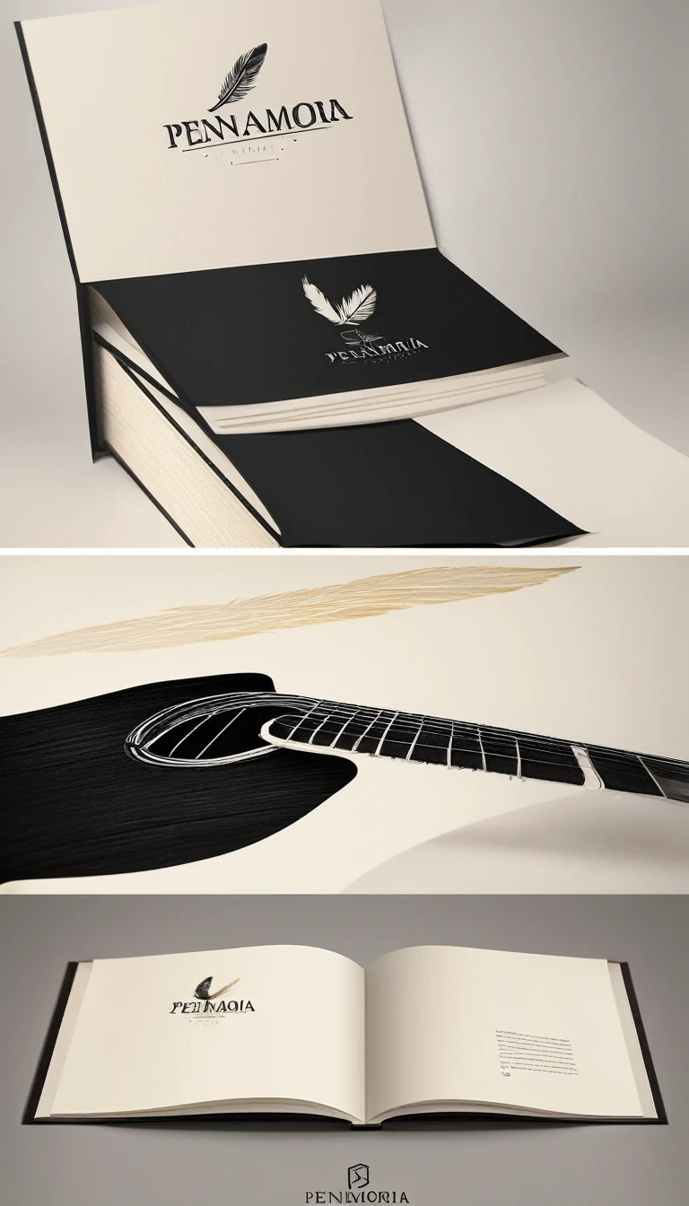 A minimal, modern, simple, cinematic logotype for the brand “Penamemoria". The logotype must be a simple, magical feather and a boy playing acoustic guitar. The logo must convey a sense of music, stories and dreams. Logo design impressed on a book cover. Minimalistic logo