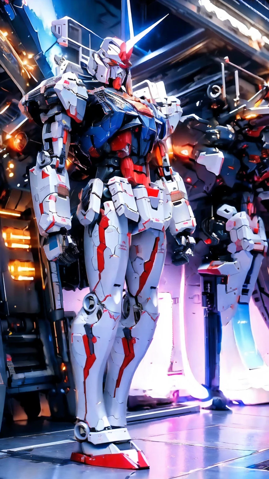 Real、high resolution、8K、Giant humanoid robot、Strike Freedom、In the hangar、fixed、The cockpit hatch in the center of the chest is open.、Full Body Shot、