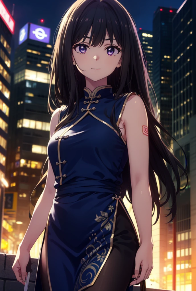 Takiuchi, Check it out, Long Hair, bangs, Black Hair, (Purple eyes:1.2),happy smile, smile, Close your mouth,Bossy,
Sleeveless blue Chinese dress,Blue long slit,Black pantyhose,Stiletto heels,whole bodyがイラストに入るように,Place your hands on your hips,
break outdoors,Building district,
break looking at viewer, whole body,
break (masterpiece:1.2), Highest quality, High resolution, unity 8k wallpaper, (shape:0.8), (Fine and beautiful eyes:1.6), Highly detailed face, Perfect lighting, Highly detailed CG, (Perfect hands, Perfect Anatomy),
break outdoors, city,
break looking at viewer, (Cowboy Shot:1.5),
break (masterpiece:1.2), Highest quality, High resolution, unity 8k wallpaper, (figure:0.8), (Beautiful attention to detail:1.6), Highly detailed face, Perfect lighting, Highly detailed CG, (Perfect hands, Perfect Anatomy),