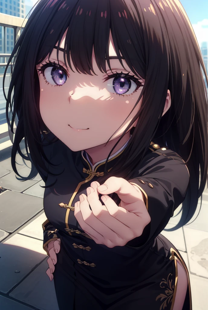 Takiuchi, Check it out, Long Hair, bangs, Black Hair, (Purple eyes:1.2),happy smile, smile, Close your mouth,Bossy,
Sleeveless blue Chinese dress,Blue long slit,Black pantyhose,Stiletto heels,whole bodyがイラストに入るように,Place your hands on your hips,
break outdoors,Building district,
break looking at viewer, whole body,
break (masterpiece:1.2), Highest quality, High resolution, unity 8k wallpaper, (shape:0.8), (Fine and beautiful eyes:1.6), Highly detailed face, Perfect lighting, Highly detailed CG, (Perfect hands, Perfect Anatomy),
break outdoors, city,
break looking at viewer, (Cowboy Shot:1.5),
break (masterpiece:1.2), Highest quality, High resolution, unity 8k wallpaper, (figure:0.8), (Beautiful attention to detail:1.6), Highly detailed face, Perfect lighting, Highly detailed CG, (Perfect hands, Perfect Anatomy),