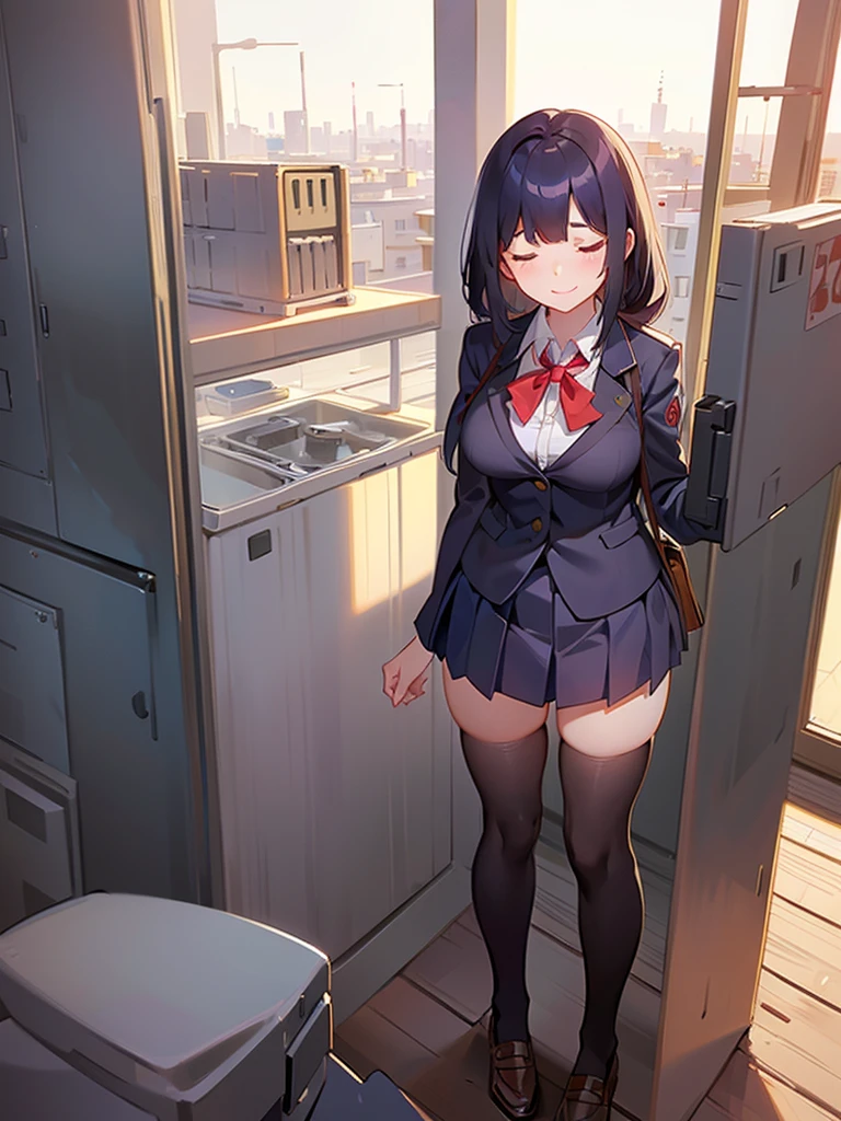 1girl, standing in the classroom, (schoolgirl uniform), long hair cut, smile, ((wide shot)), large breasts, (looking at viewer), ((half closed eyes)), , ((dark looking)), ((from above, wide shot))