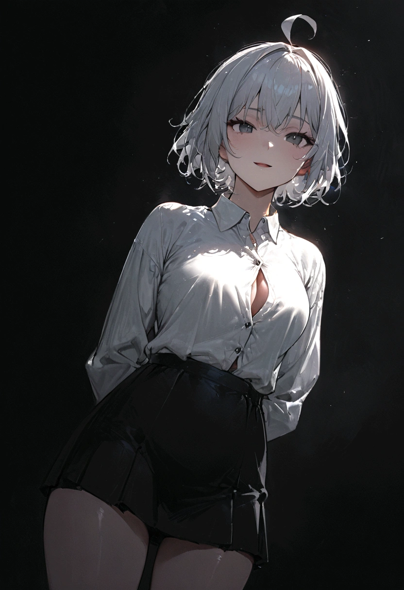 ((masterpiece, best quality)), (1girl), (solo), (female focus), (ahoge, white hair, short hair), black eyes, light smile, open mouth, ((white shirt), (buttoned shirt), (button gap)), ((black skirt), (short skirt)), standing, white background, arms behind back, dynamic angle