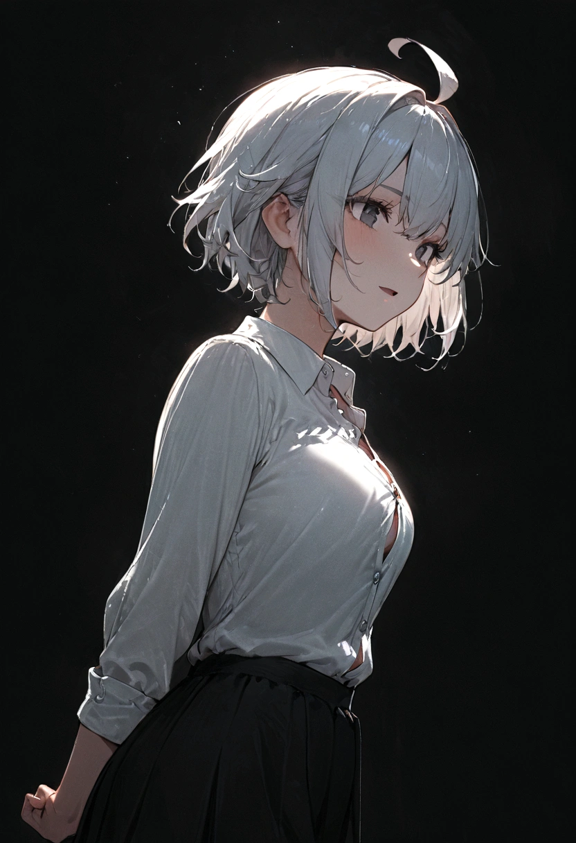 ((masterpiece, best quality)), (1girl), (solo), (female focus), (ahoge, white hair, short hair), black eyes, light smile, open mouth, ((white shirt), (buttoned shirt), (button gap)), ((black skirt), (short skirt)), standing, white background, arms behind back, dynamic angle