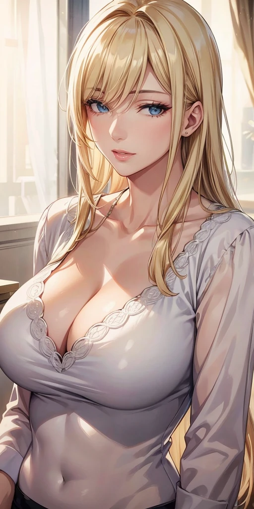 Anime style, Elegant mature woman, blue eyes, blonde hair, soft light, high detailed, 4k resolution, high quality