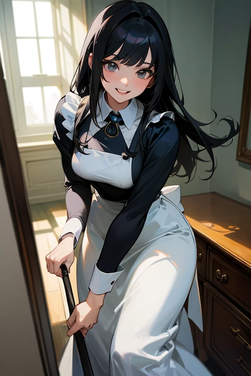 (Highest Resolution, clear_image) Highest quality, One woman, alone, masterpiece, Very detailed, Semi-realistic, Black Hairのショートヘア, Black Hair, bangs, 18-year-old, mature, light blue uniform, uniform, Indoor Background, kind, Authoritative, Powerful, exquisite features, exquisite features、Eyelashes become longer、Showing teeth、smile😀、Maid clothes、woman&#39;Fingers in the、Sleeping on the sofa、Long Hair、Fluttering in the wind、Navy blue clothes、Long Hair、I&#39;Carrying the plate、Long Hair、Laugh gently、Braiding、bake bread、