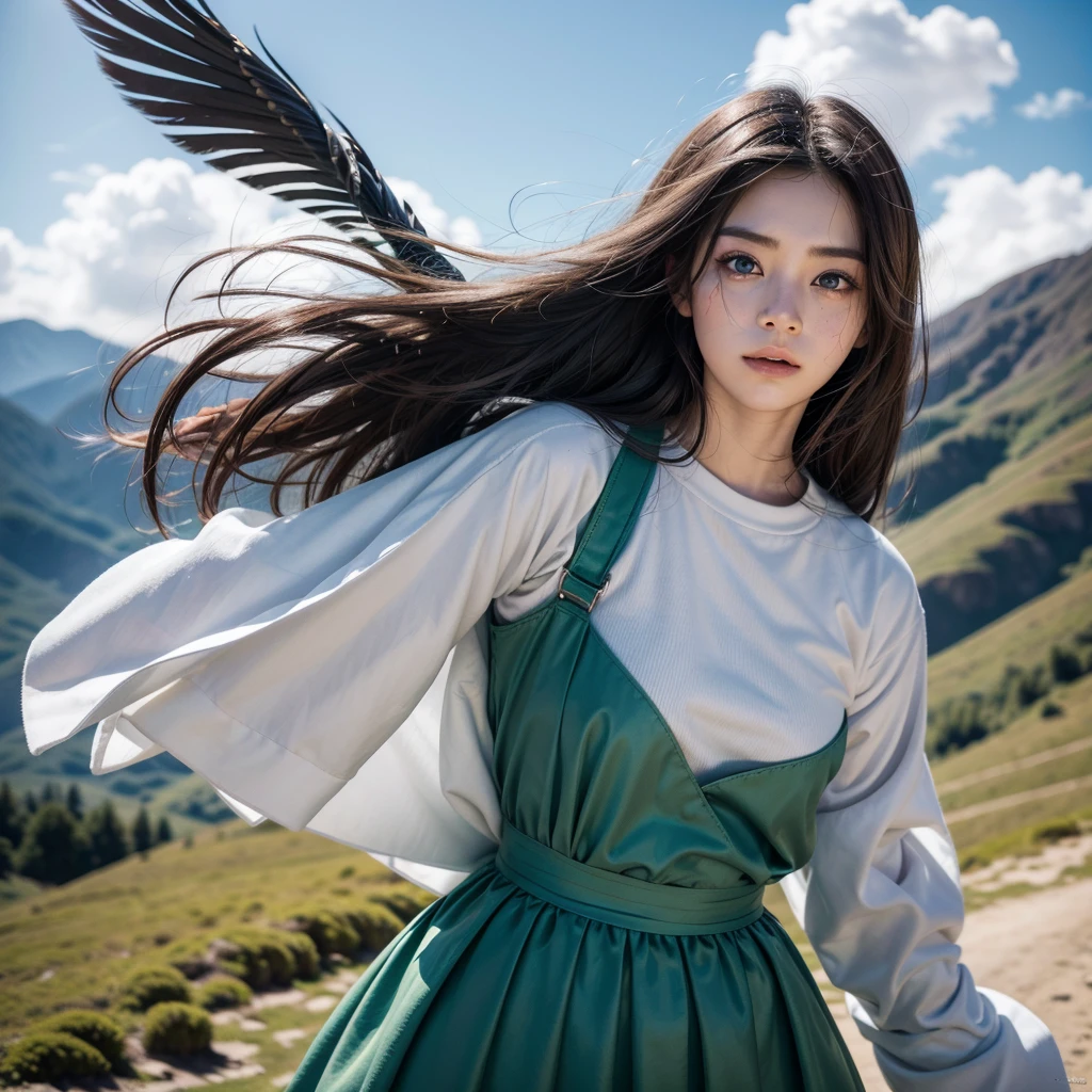 Eunwoo actor and kpop idol more realism in hair and clothing. Create an image of Eunwoo as the god of wind in the mountains of Oaxaca, with her hair flying in the wind and her arms extended in a gesture of freedom and movement. Generates a detailed image of a pre-Hispanic Mexican god with black hair, freckles and eyes composed of a green iris and a blue iris. 



