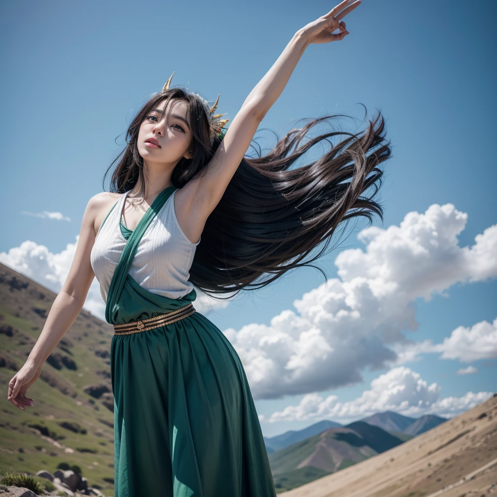 Eunwoo actor and kpop idol more realism in hair and clothing. Create an image of Eunwoo as the god of wind in the mountains of Oaxaca, with her hair flying in the wind and her arms extended in a gesture of freedom and movement. Generates a detailed image of a pre-Hispanic Mexican god with black hair, freckles and eyes composed of a green iris and a blue iris.