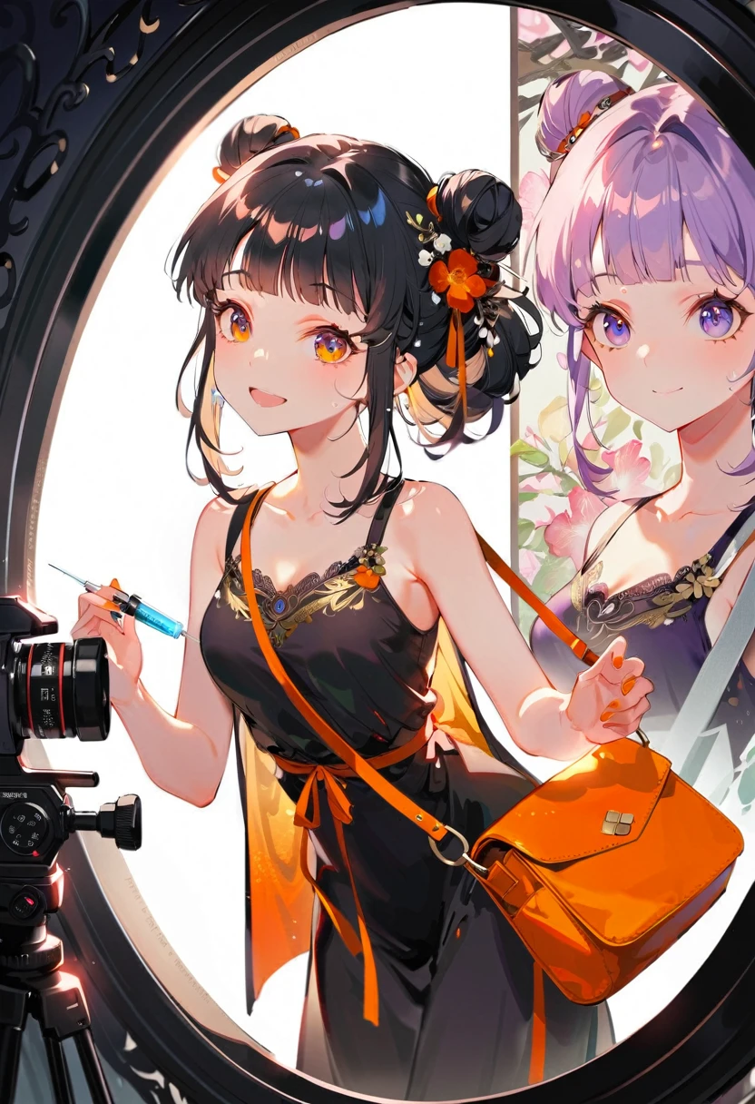 Purple hair girl painting、Glass mandarin orange earrings decorate both ears、Eye color: Ocean pink purple、Space Eyes、Inside the room、(((Giant orange shaped cushion)))Hug、Sit down, long hair、Bun Hair、Cool and complicated, Hand holding sliced orange, A very happy expression with plenty of orange juice、Orange juice spills from both hands, Very embarrassed、The best smile、Open your mouth wide、Grin、目はclose、((Purple and black dress))、((Syringe Shoulder Bag)), Fun and lively characters, close( Perfect Anatomy )、Beautiful, translucent white skin、A purple dress slightly damp with sweat、Underwear is visible、quality\(8K,非常に精細なCGユニットのwallpaper, masterpiece,High resolution,top-quality,top-quality real texture skin,Super two-dimensional,Increase the resolution,RAW Photos,最高quality,Very detailed,wallpaper,Cinema Lighting,Ray-tracing,Golden Ratio\),[Browsing Caution]、White and orange theme、Everything is orange except for the outfit, hairstyle, and eye color.、barefoot、whole body