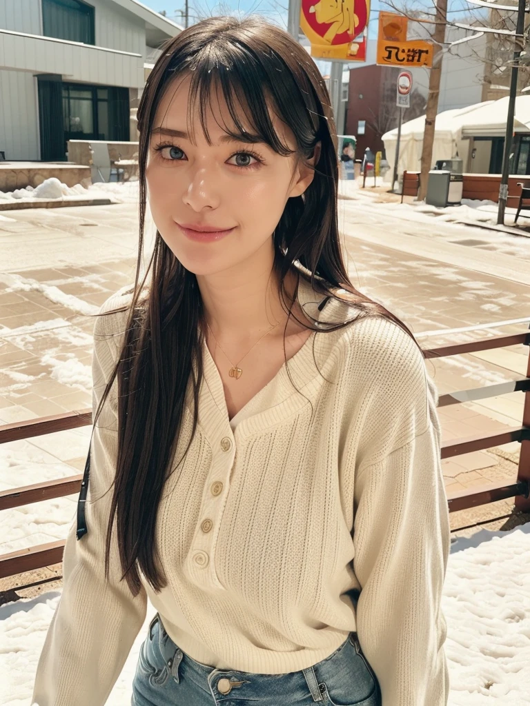 rie,One Woman,(best quality), (ultra detailed), (absolutely resolution),Face is front, 28 years old, Pout your lips, Striped shirt and denim shorts, The color of the dress is gold, The pattern on the clothes is zebra, Black Hair, Hokkaido in winter、Snow-covered trees and a silvery world