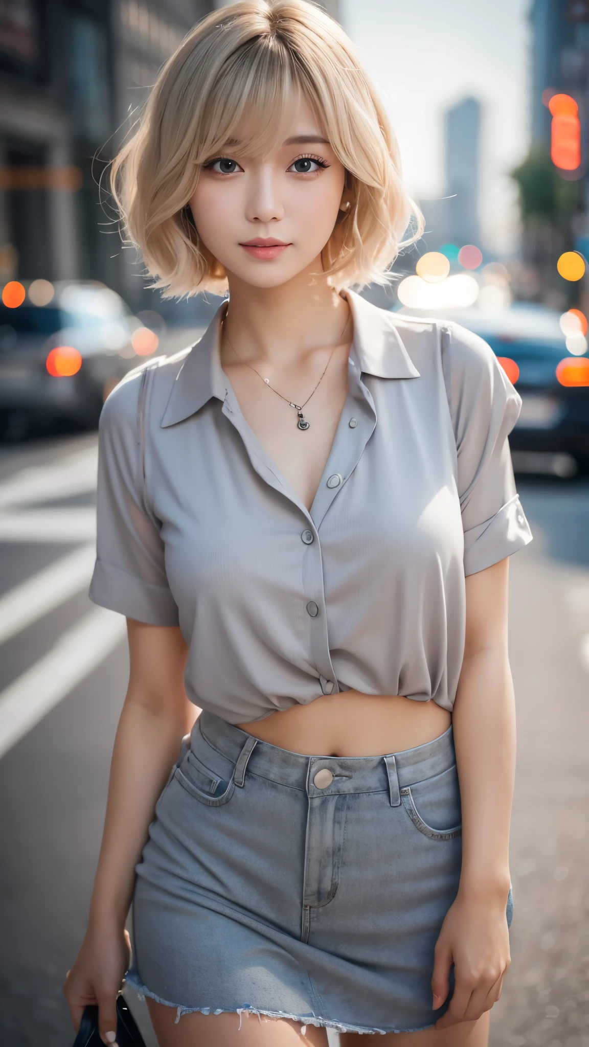 Curly Bob Cut, A platinum-haired woman in an orange collared shirt poses for a photo in the city, 8k art germany bokeh, well-proportioned body, 美しいKorean women, Gorgeous Necklace, 美しい若いKorean women, Soft Portrait Shot 8k, Korean Girls, Double eyelids and narrow eyes, beautiful grey eyes, Trans8K, Cute young woman, Korean women, Beautiful blonde girl