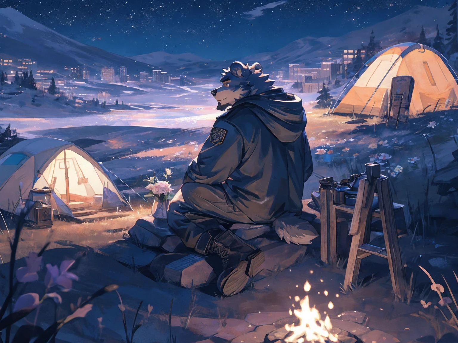 (masterpiece:1.2), best quality,pixiv,official art,perfect anatomy, (Ray tracing, light),solo, (1_male:1.3) , (muscle), (grey fur:1.4), (muscle bear), (beard:1.2), (gleaming golden eyes), bear tail, Thick black eyebrows, (open hooded parka) , (naked inside:1.2), cargo pants, (boots:1.2), (A skyline at lakeland:1.3),twinkling stars, Milky Way, outdoors ,solo camp , camping , flower