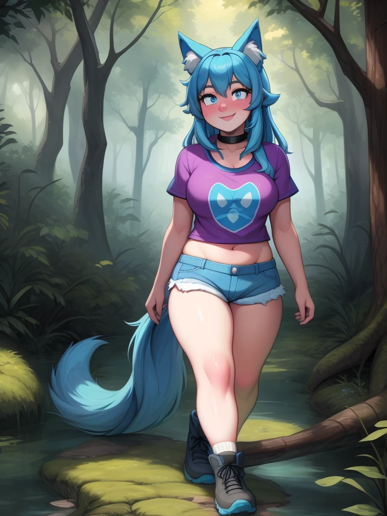 (Masterpiece) (High Detail) (High Res) A close up of a short humanoid girl with pale human skin and blue eyes and long blue hair and blue dog ears and a fluffy blue dog tail and average breasts. She is walking through a dense forest swamp with large trees and vines. She is wearing a t-shirt and denim short-shorts and has a big digital camera around her neck. She has knee-high white socks and hiking boots on. She has blushing cheeks and looks cheerful. The forest looks spooky and dangerous. 