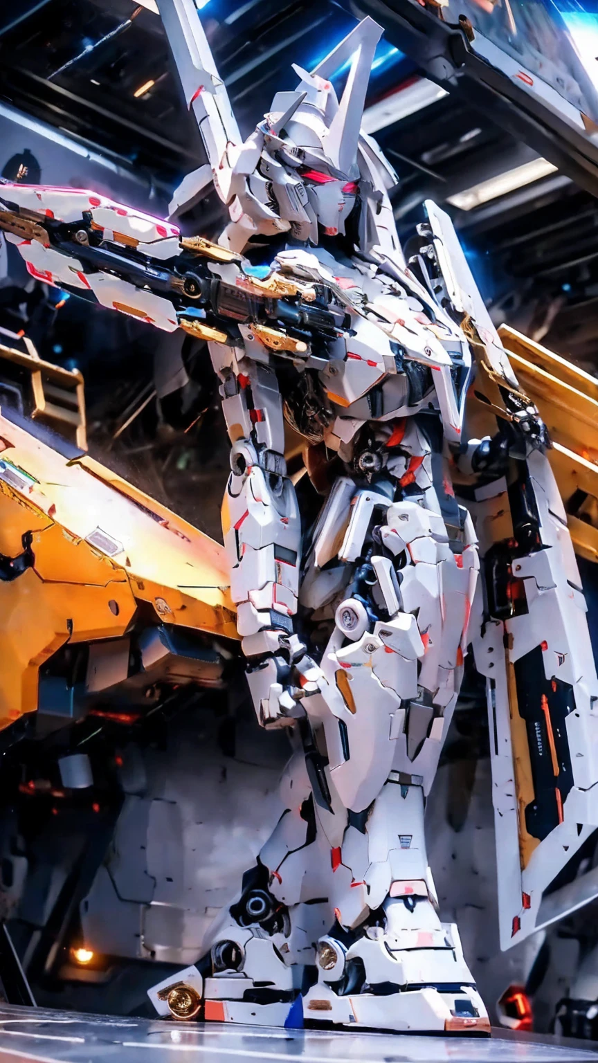 Real、high resolution、8K、Giant humanoid robot、Strike Freedom、In the hangar、fixed、The cockpit hatch in the center of the chest is open.、Full Body Shot、