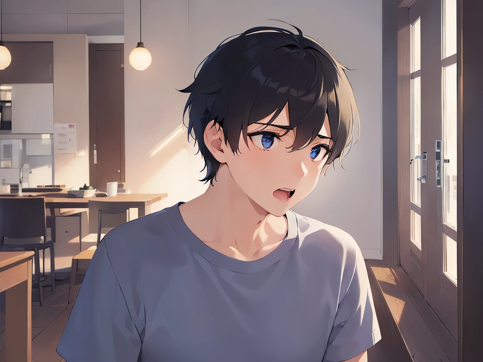 (looking away:1.5), upper body、shiny skin, masterpiece、Highest quality、(25-year-old male:1.5) and (Black short hair) and (blue eyes), White T-shirt、Are standing、open mouth, (surprised:1.2)、The background is the living room、alone