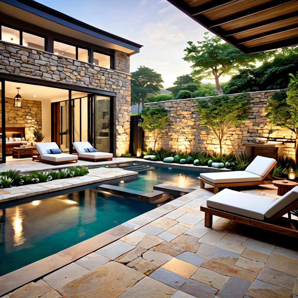 Create a luxurious and modern courtyard scene with a natural pool. The setting should feature a combination of rustic stone walls and contemporary furniture. Include lush greenery, wooden sun loungers with soft cushions, and a comfortable seating area with a table. The lighting should be warm and inviting, highlighting the pool's clear water and the surrounding natural elements.
