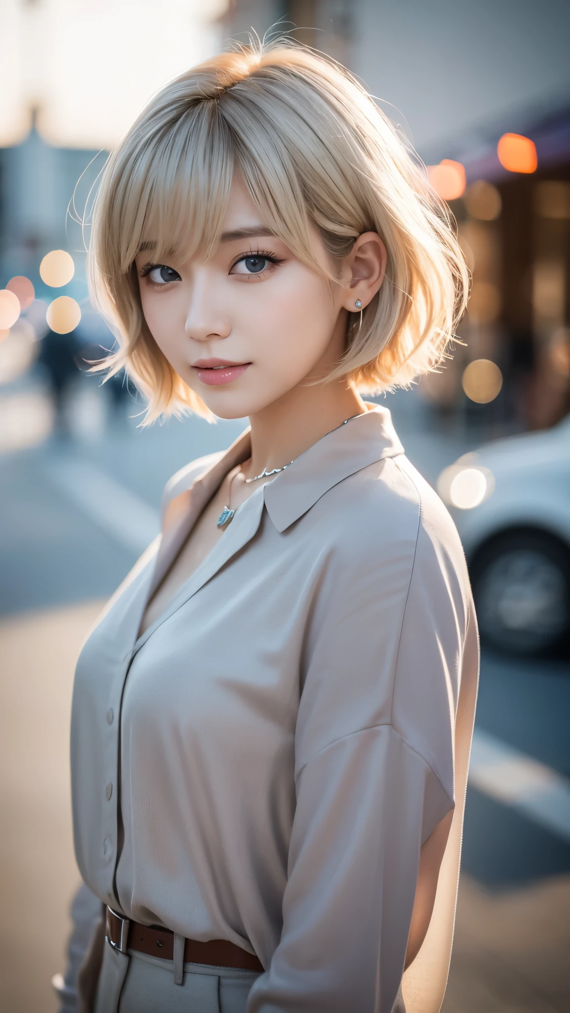 Curly Bob Cut, A platinum-haired woman in an orange collared shirt poses for a photo in the city, 8k art germany bokeh, well-proportioned body, 美しいKorean women, Gorgeous Necklace, 美しい若いKorean women, Soft Portrait Shot 8k, Korean Girls, Double eyelids and narrow eyes, beautiful grey eyes, Trans8K, Cute young woman, Korean women, Beautiful blonde girl