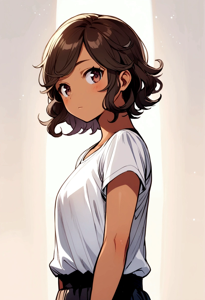 Anime girl,tomboy,light tan,short hair,wavy hair,white shirt