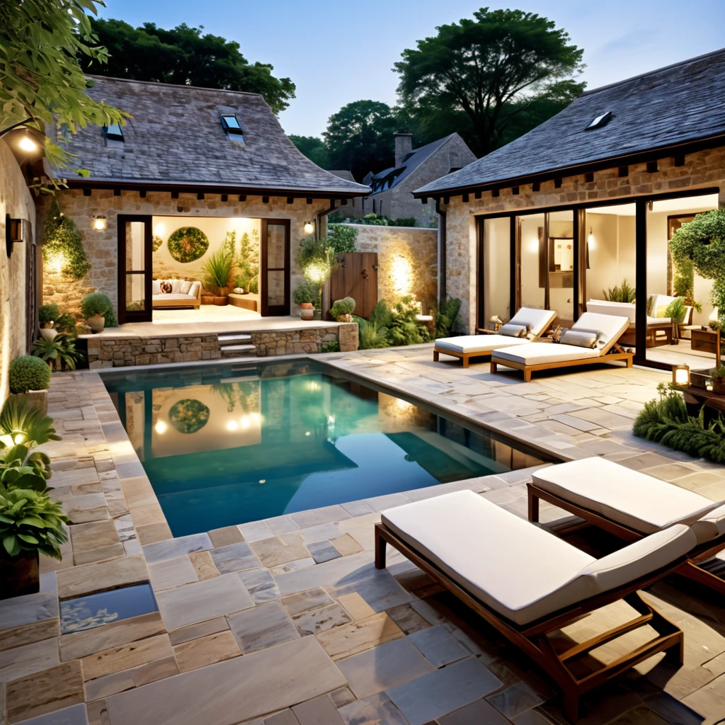 Design a cozy and rustic courtyard with a natural pool. The space should have stone walls that give a charming, aged appearance. Include wooden sun loungers with comfortable cushions, a small dining table with chairs, and various potted plants. The lighting should be soft and warm, enhancing the intimate and relaxing atmosphere. Ensure the pool is the focal point, with its clear water reflecting the natural beauty around it.
