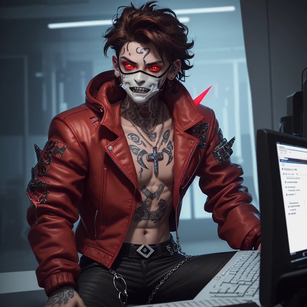 male with jawline, glowing white eyes, brown curly hair, small diamond cross ear studs, neck tattoos and tattoos on hand, diamond chain, wearing a sharp teeth red metallic mask, wearing a red neon heavy jacket with a red glowing text "Finding Syn" and loose red pants made of wool. sitting inside a security lab, with he is facing towards a lot of blueprint screen of city map infront of him with text "find syn", typing on keyboard glitch&blur filter,wide lens,backview(360°)