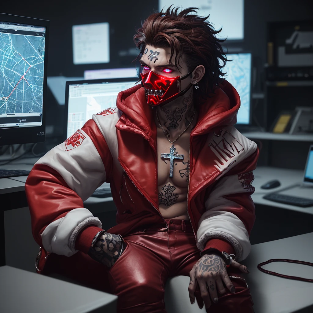 male with jawline, glowing white eyes, brown curly hair, small diamond cross ear studs, neck tattoos and tattoos on hand, diamond chain, wearing a sharp teeth red metallic mask, wearing a red neon heavy jacket with a red glowing text "Finding Syn" and loose red pants made of wool. sitting inside a security lab, with he is facing towards a lot of blueprint screen of city map infront of him with text "find syn", typing on keyboard glitch&blur filter,wide lens,backview(360°)