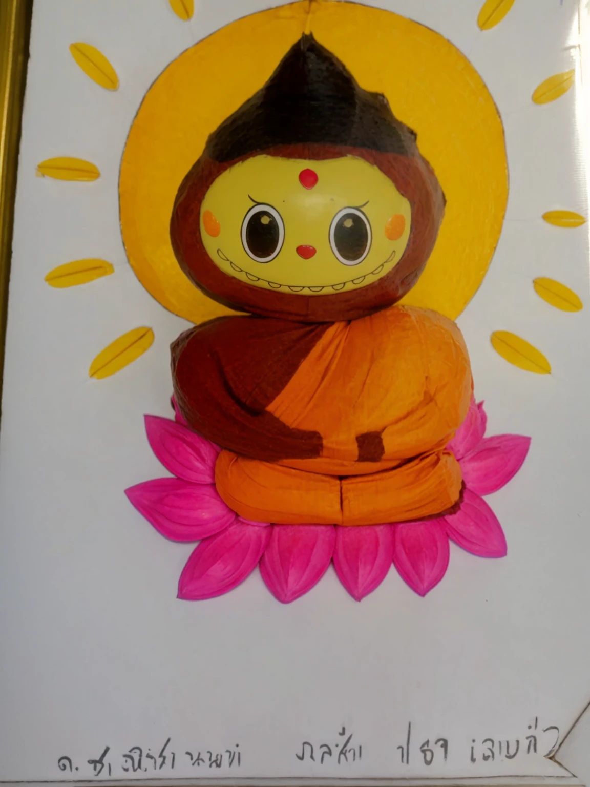 Create a 3D image of Labubu cosplay as Thai Bhuddha sitting on pink lotus, a golden halo begind his head, hyper realistic, high-key, octane render, 60k, rules of thirds.