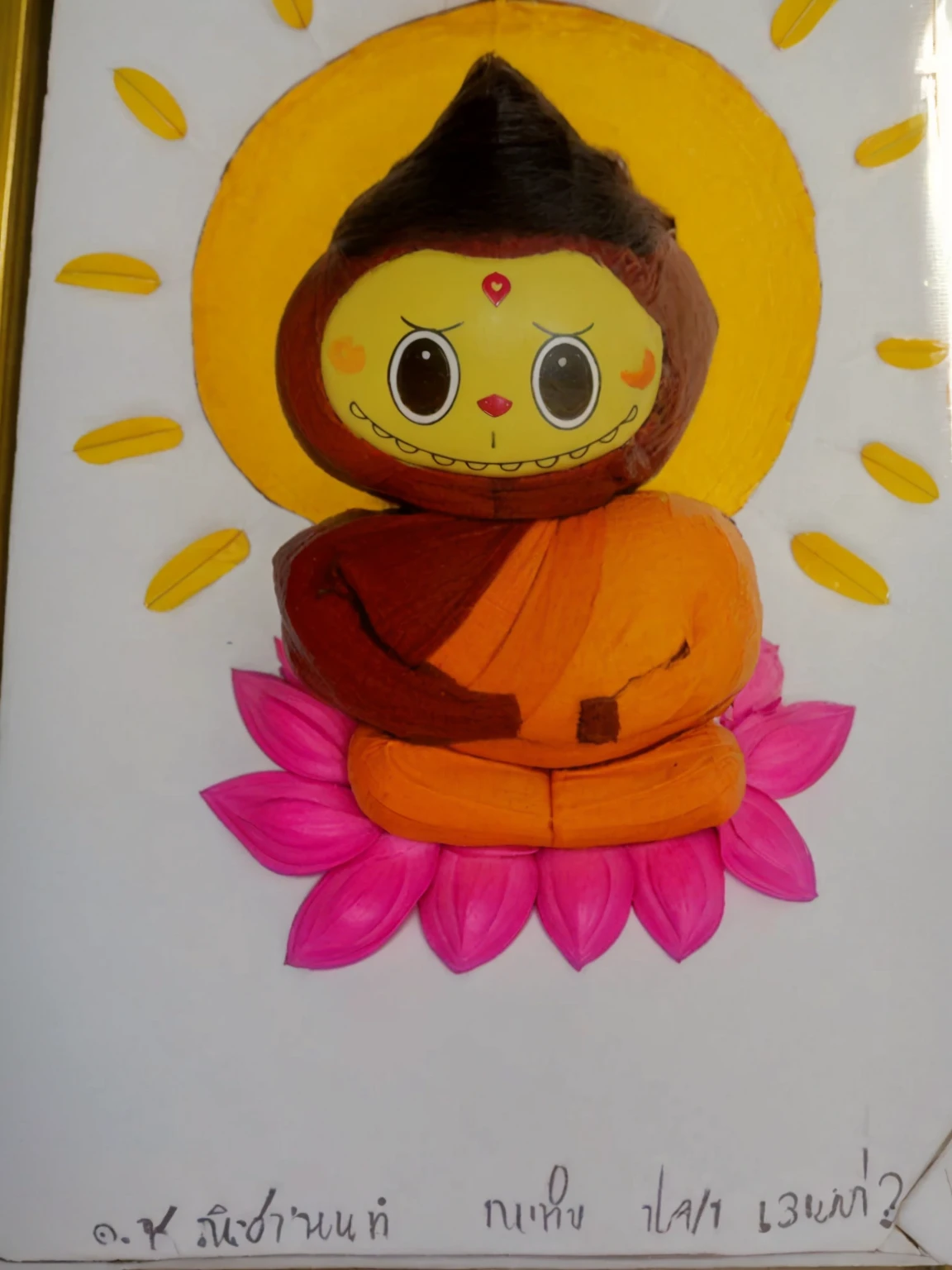 Create a 3D image of Labubu cosplay as Thai Bhuddha sitting on pink lotus, a golden halo begind his head, hyper realistic, high-key, octane render, 60k, rules of thirds.