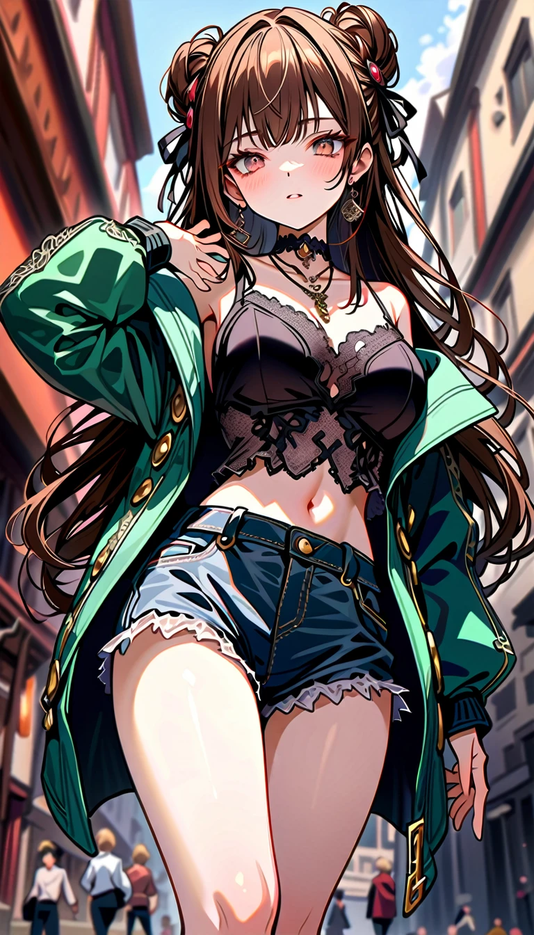 ((masterpiece:0), best quality, very aesthetic, newest, absurdres, detailed, high quality)
BREAK
highest quality, top quality, details, highres, ultra fine painting, digital art, official art, cinematic, 4k, 8k resolution, 8K CG wallpaper, CG, original artwork, detailed background, colorful background, blue atmosphere, High Dynamic Range, blurry background, blue hour, Starburst effects, crepuscular rays, good ISO, high resolution, wide shot, from far away, RAW photo, POV, sharp focus, light reflection, reflections, intricate details, soft light, particle noise, professional photography, bokeh, depth of field, natural lighting, vibrant colors, looking away, detailed lights and shadows, stylish, ultra-detailed, top rated on Pixiv, trending on Artstation, niji style, modern-days, master crafted, pose
BREAK
solo, close up shot, from above, 1girl, pale skin, correct fingers, detailed hand, (big breasts:1.2), big thighs, small torso, short body, flushtered, blush, anxious expression, casual, slim, ((cute, childlike face):1.3), nice hips, nice body, brown hair, (very long flowing hair, (big 2 buns hairstyle)), long bangs, long hair, middle hair bangs, brown eyes
BREAK
(black string tank top, choker, off shoulder open green hoodie, (tummy skin), open unbuttoned shorts, many colors outfit ornaments)
BREAK
a person walking down a street with a crowd of people, crowded street, crowded streets, in front of a large crowd, giant crowd, girl walking through city, people walking down a street