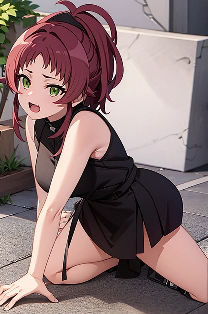 realistic image, detailed image, coherent image, 1 beautiful girl, she has shoulder length hair with blunt bangs, red hair, red eyes, smiling expression. She is wearing a strapless top, showing her navel, a thin thong, a pleated miniskirt, sneakers, She has a curvy body, small breasts and thick thighs, She is crawling, arching her back, doggy style, background of an urban park, surrounded by flowers, flower petals falling around, Soft focus, full body view, Dramatic shadows, Volumetric lighting, natural lighting,arima_kana, short hair