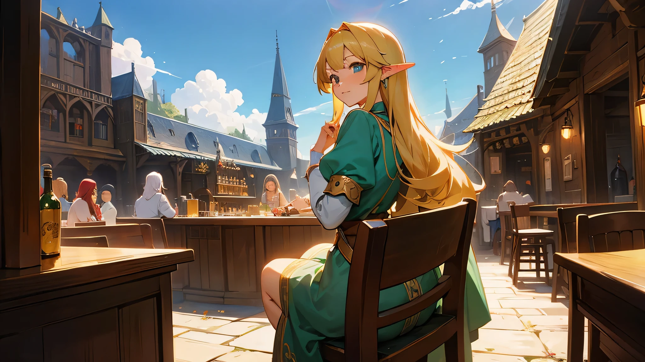 Anime Style,Nostalgic,Detailed background,The medieval world,A lively bar with lots of people,Beautiful sky,A beautiful bard elf girl looking back at me