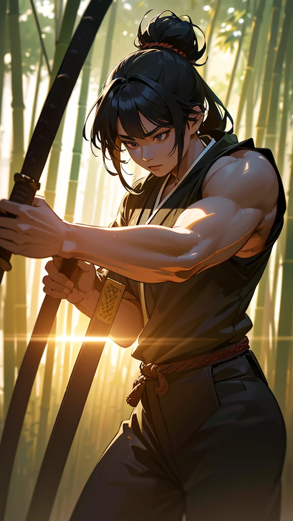 a samurai holding a detailed japanese katana sword, long blade shining in the sunlight, back hair tied, in a bamboo forest, mid combat, dramatic lighting, (best quality,4k,8k,highres,masterpiece:1.2),ultra-detailed,(realistic,photorealistic,photo-realistic:1.37),studio lighting,extreme detail description,professional,vivid colors