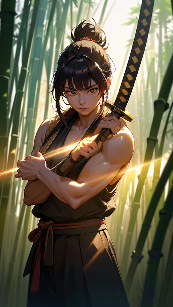 a samurai holding a detailed japanese katana sword, long blade shining in the sunlight, back hair tied, in a bamboo forest, mid combat, dramatic lighting, (best quality,4k,8k,highres,masterpiece:1.2),ultra-detailed,(realistic,photorealistic,photo-realistic:1.37),studio lighting,extreme detail description,professional,vivid colors