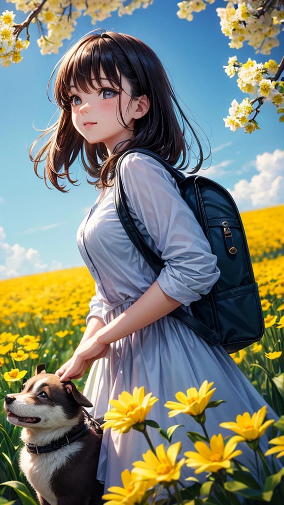 Tip: A very charming  with a backpack and her cute puppy enjoying a lovely spring outing surrounded by beautiful yellow flowers and nature. The illustration is a high-definition illustration in 4k resolution, featuring highly detailed facial features and cartoon-style visuals.  