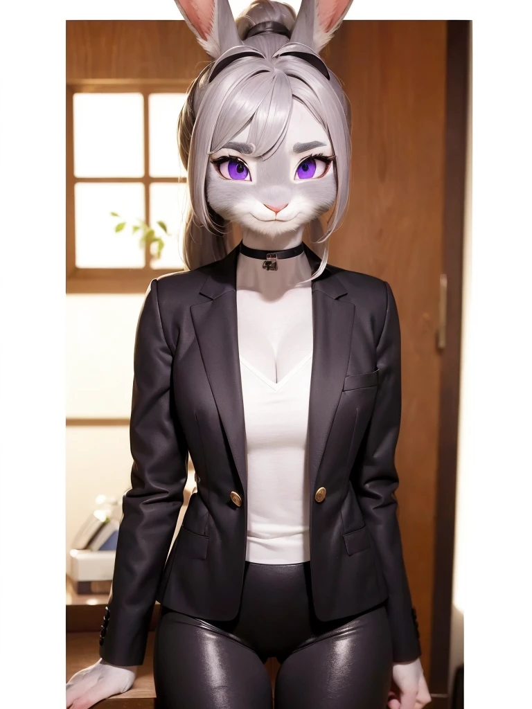 best quality,
masterpiece,
hyper Realistic,
ultra-detailed,
beautiful detailed,
4K，8K，High level,
PIXAR,
Photo real,
Portrait,
Looking at the audience,
background in bloom office,
Realistic lighting,

((anthropomorphic rabbit)),
detailed animals,
Complex patterns,
(furry:1.35),
(Whole skin is gray:1.35),
(body is fluffy and bushy:1.35),
Realistic fur,

((human hands)),

(Face is JudyHopps:1.35),
{((long straight hair)), ((ponytail hair))},
wispy bangs, bangs,
purple eyes,
{highlight on eyes, crisp eyes, sparkle in the eyes, round big pupils},
detailed iris, 
(rised eyebrows:1.2),
(Crescent Brows:1.3),
(rabbit ears:1.1),
Smile,
Big Smile,
Innocent smile,
raised corners of mouth,

office lady is wearing suit,
((White blouse)) BREAK ((Black blazer)) BREAK ((Black pants)),

clothes made of wool,

(solo:1.5),
(1 lady:1.5),
one character only
alone,
Perfect Anatomy,

highlight,
sunlight,
daylight,
intricate details, 
ray tracing, 
photorealistic, 
lighter shadows,