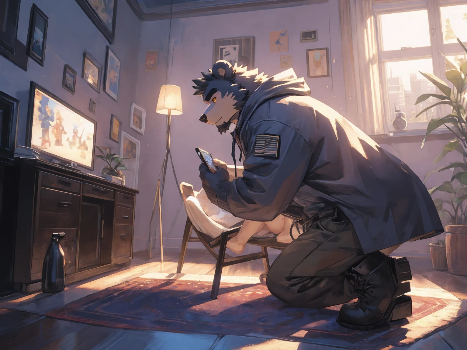 (masterpiece:1.2), best quality,pixiv,official art,perfect anatomy, (Ray tracing, light),solo, (1_male:1.3) , (muscle), (grey fur:1.4), (muscle bear), (beard:1.2), (gleaming golden eyes), bear tail, Thick black eyebrows, (open hooded parka) , (naked inside:1.2), cargo pants, (boots:1.2), in the skyscraper, indoor , apartment , fur carpet , cushion , rest on floor