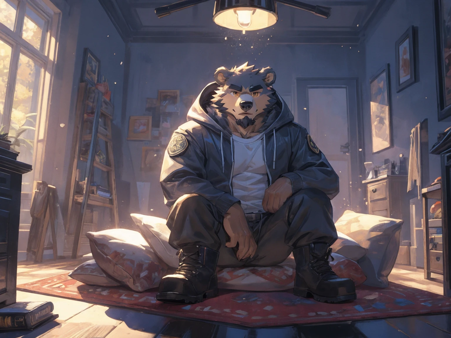 (masterpiece:1.2), best quality,pixiv,official art,perfect anatomy, (Ray tracing, light),solo, (1_male:1.3) , (muscle), (grey fur:1.4), (muscle bear), (beard:1.2), (gleaming golden eyes), bear tail, Thick black eyebrows, (open hooded parka) , (naked inside:1.2), cargo pants, (boots:1.2), in the skyscraper, indoor , apartment , fur carpet , cushion , rest on floor