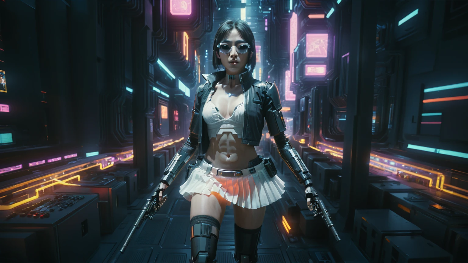 Cyberpunk female plagiarist immersed in digital theft, neon-lit alias within a vast online labyrinth, grotesque grunge brushing into surrealism, illuminated by kaleidoscopic volumetric light, a detailed masterpiece reminiscent of Moebius' distinctive style, deep focus, heightened depth field, psychedelic undertones amplified in a cinematic shot, (((((aerial view of cyberpunk city at night))))), (((((1girl, solo, alone))))), photo realistic, (((((large-breast:1.4 slim body, cleavage:1.4))))), (((off broken mini sling-shirt and black sling bra, (((extreamly short white pleated miniskirt, micro panty)))))), (((((running pose))))), (((((((matrix style black micro sunglasses))))))), ((((((((((aiming with a short gun)))))))))), (((((looking at camera))))), (((very low view))), (((((half-body thigh level medium shot))))), (((cinematic lighting))), (zoom in):1.2