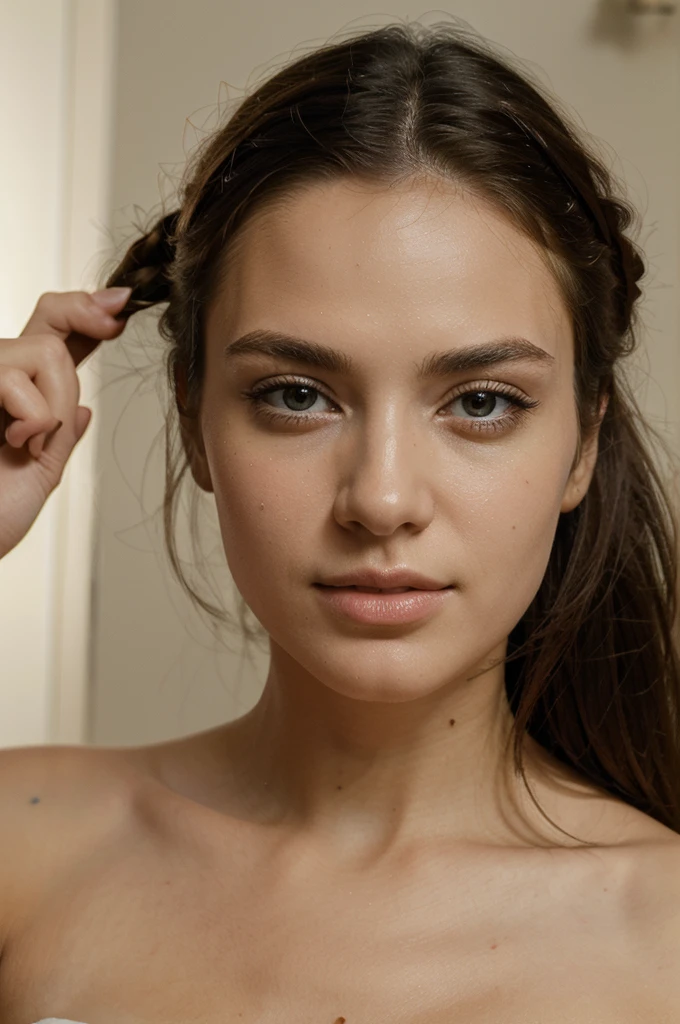 A young tan woman, closeup, 1.76 tall, brown hair, realistic sun kissed heavy freckles that dot all over on nose and cheeks, realistic light freckles on forehead and chin, her eyes are shut, athletic body, at the spa, barber’s razor shaving down the middle of her head, relaxing shave. With richness of detail and main focus on woman.