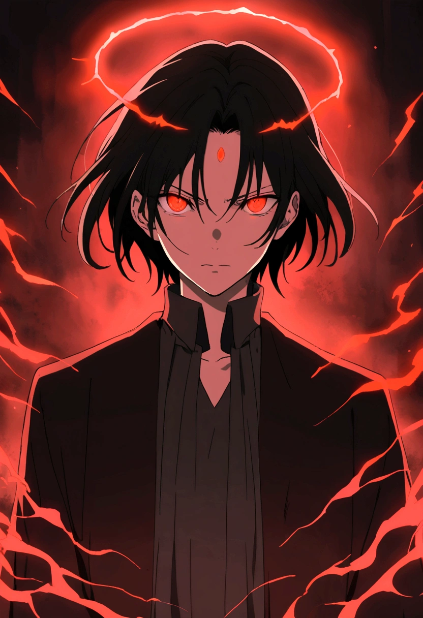 a close up of a young severus snape with a red light on their head, emitting evil red aura, with red glowing eyes, with a red halo over her head, red eyes glowing, his eyes are red and glowing, with glowing red eyes, half invoker half megumin, darkness aura red light, gapmoe yandere grimdark, anime cover, evil aura