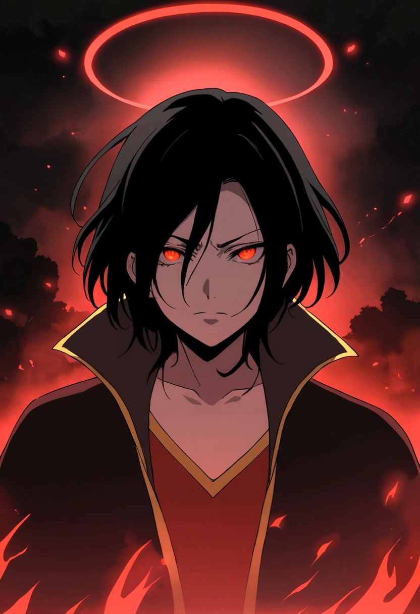 a close up of a young severus snape with a red light on their head, emitting evil red aura, with red glowing eyes, with a red halo over her head, red eyes glowing, his eyes are red and glowing, with glowing red eyes, half invoker half megumin, darkness aura red light, gapmoe yandere grimdark, anime cover, evil aura