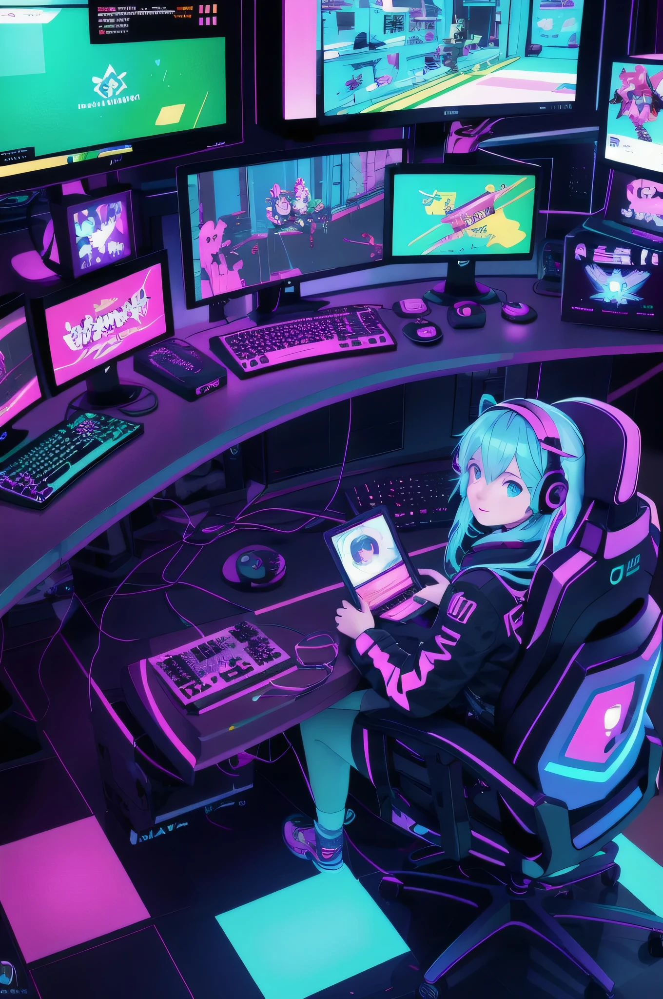 Gamer girl sitting at gaming desk. Multiple monitor setup, neon lighting, colourful and cute.