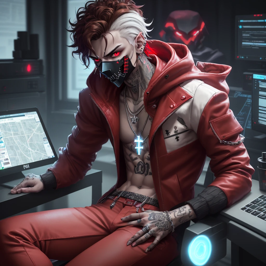 male with jawline, glowing white eyes, brown curly hair, small diamond cross ear studs, neck tattoos and tattoos on hand, diamond chain, wearing a sharp teeth red metallic mask, wearing a red neon heavy jacket with a red glowing text "Finding Syn" and loose red pants made of wool. sitting inside a security lab, with he is facing towards a lot of blueprint screen of city map infront of him with text "find syn", typing on keyboard glitch&blur filter,wide lens,backview(360°)