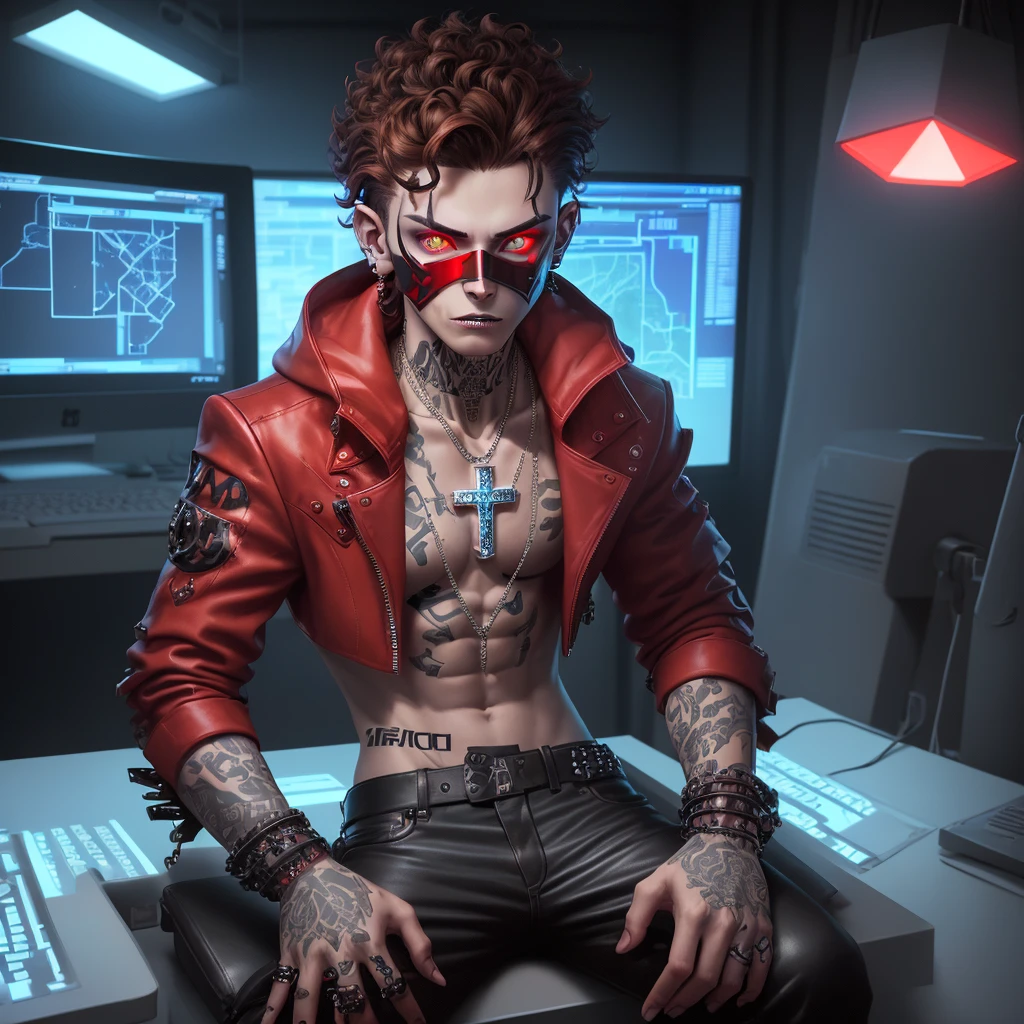 male with jawline, glowing white eyes, brown curly hair, small diamond cross ear studs, neck tattoos and tattoos on hand, diamond chain, wearing a sharp teeth red metallic mask, wearing a red neon heavy jacket with a red glowing text "Finding Syn" and loose red pants made of wool. sitting inside a security lab, with he is facing towards a lot of blueprint screen of city map infront of him with text "find syn", typing on keyboard glitch&blur filter,wide lens,backview(360°)