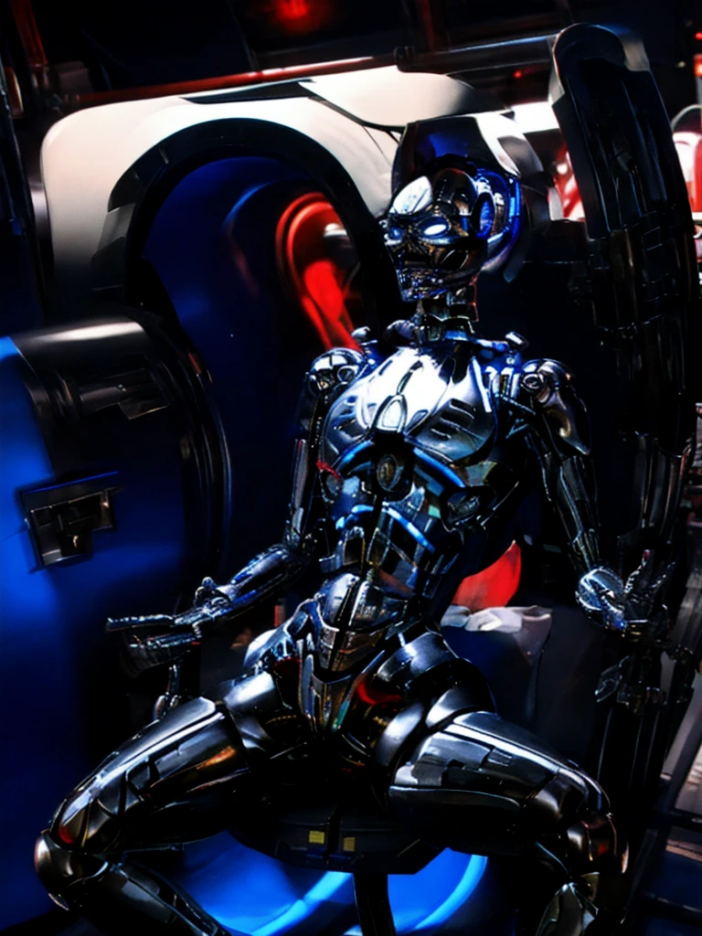 'terminator 3', 'terminator \(series\)', 'T-X', 'T-X(terminator)', 'endoskeleton', 'chrome metal', '(metal skin:1.4)', sitting on the stool with legs spread. '(glowing pupils:1.3)', 'blue pupils', '(robot joints:1.3)',
